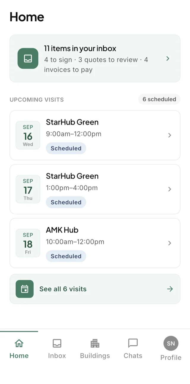 The LiftAuth building manager app: eleven items waiting &mdash; records to sign, quotes to review, invoices to pay &mdash; above the week&rsquo;s upcoming visits.
