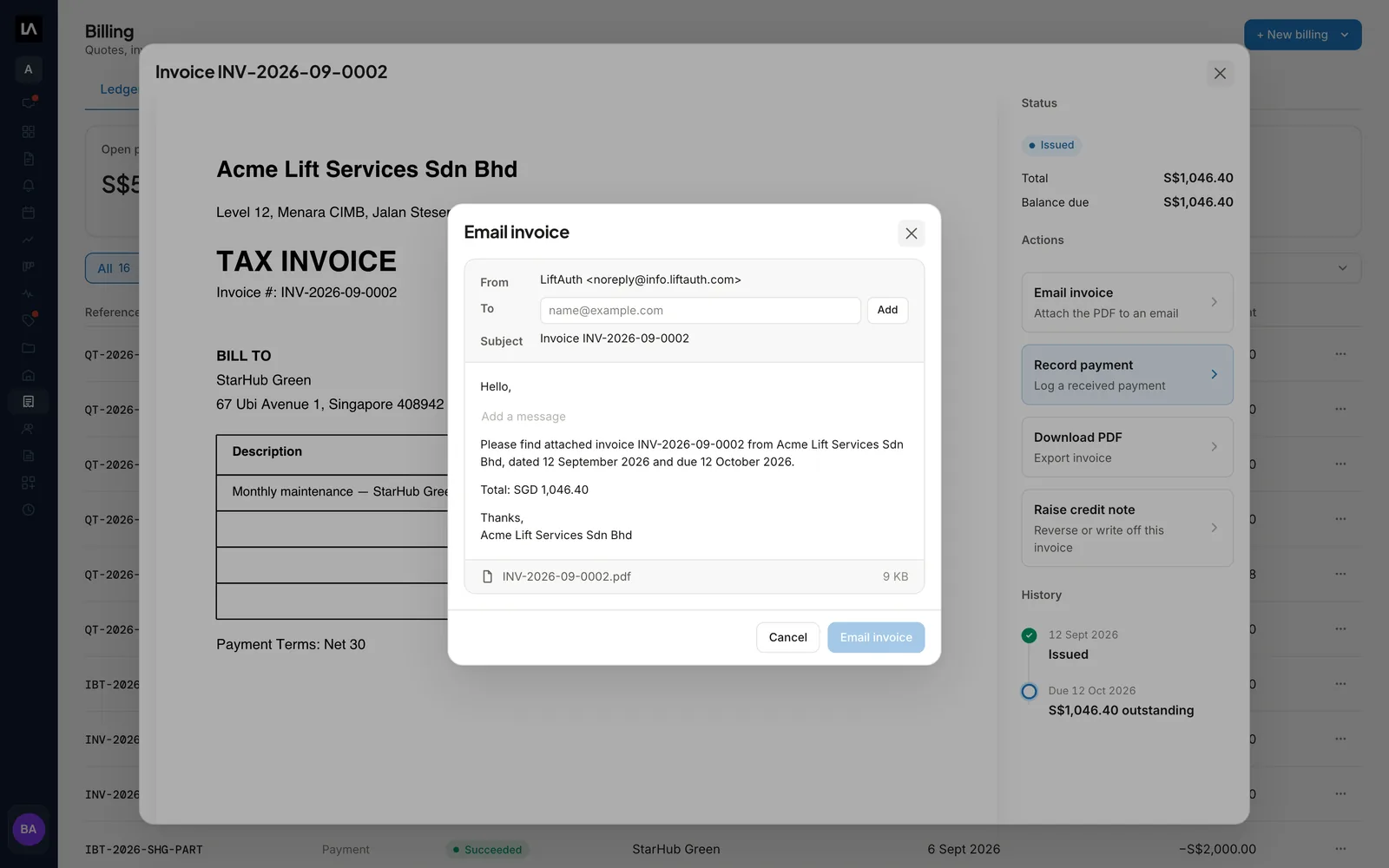 An issued Invoice open in LiftAuth Billing, with the Email invoice dialog showing the message and the PDF attachment, and Record payment and Raise credit note beside it.