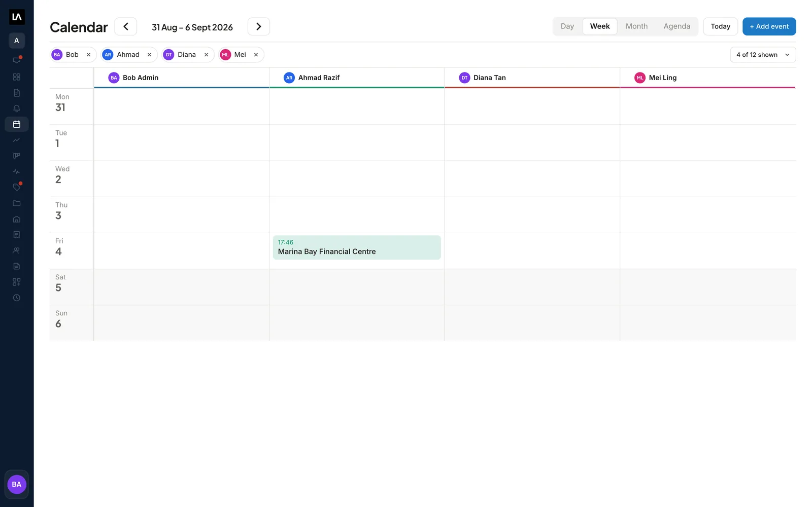 The LiftAuth calendar in week view, with Jobs for several Technicians in their own colors.
