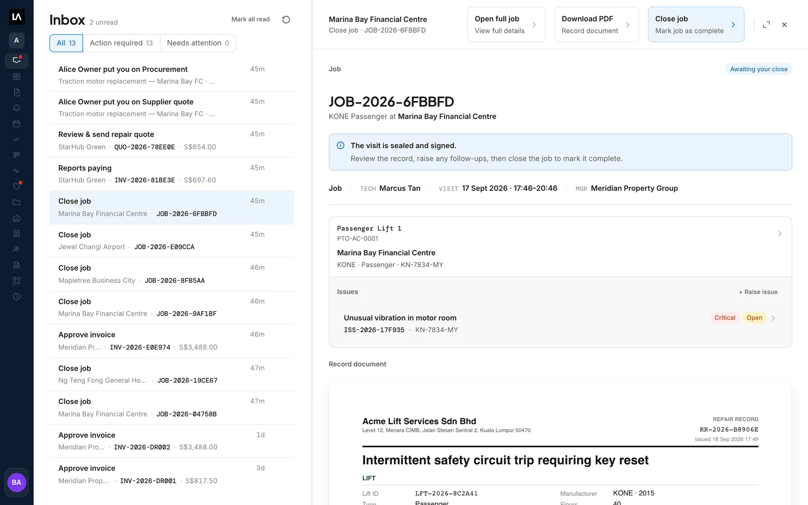 A Job awaiting close in the LiftAuth Inbox, with the signed Record, an open Issue on the elevator and the Close job button.