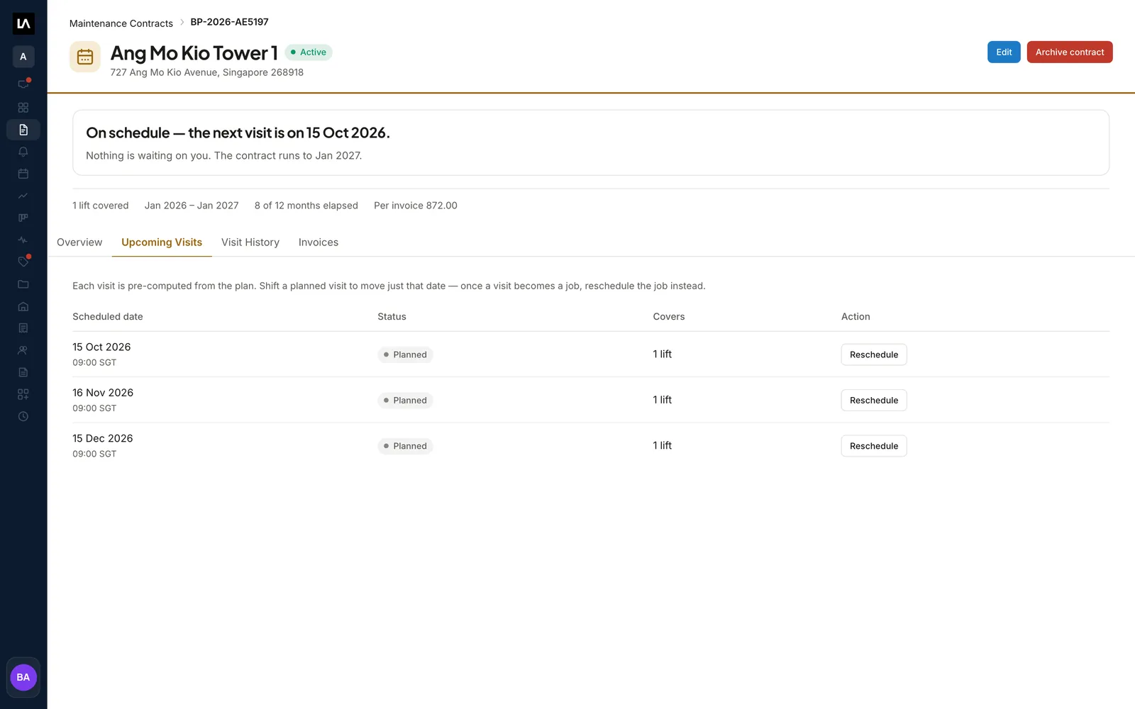 The Upcoming Visits tab on a Maintenance Contract, listing each future visit with a Reschedule button.