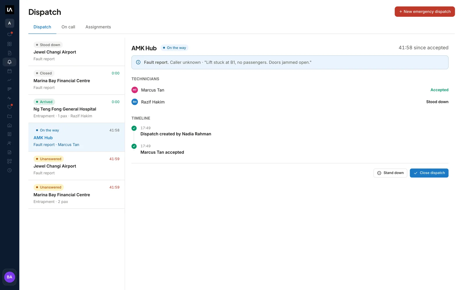 An elevator call-out in LiftAuth marked On the way, showing the Technician who accepted, the timeline and the Close dispatch button.