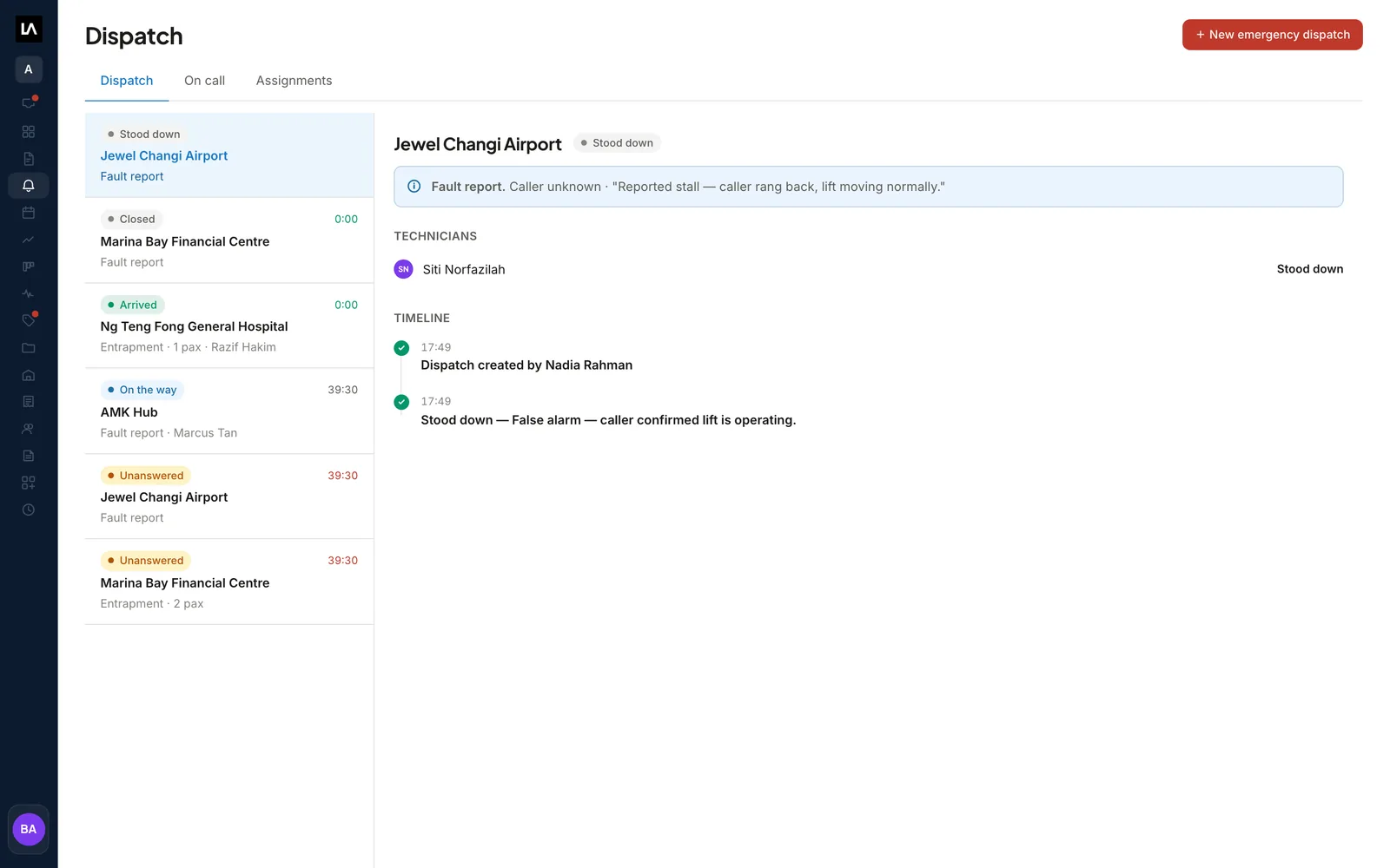 The Dispatch screen in LiftAuth: a queue of elevator call-outs marked Unanswered, On the way, Arrived and Closed, with the timeline of the selected one.