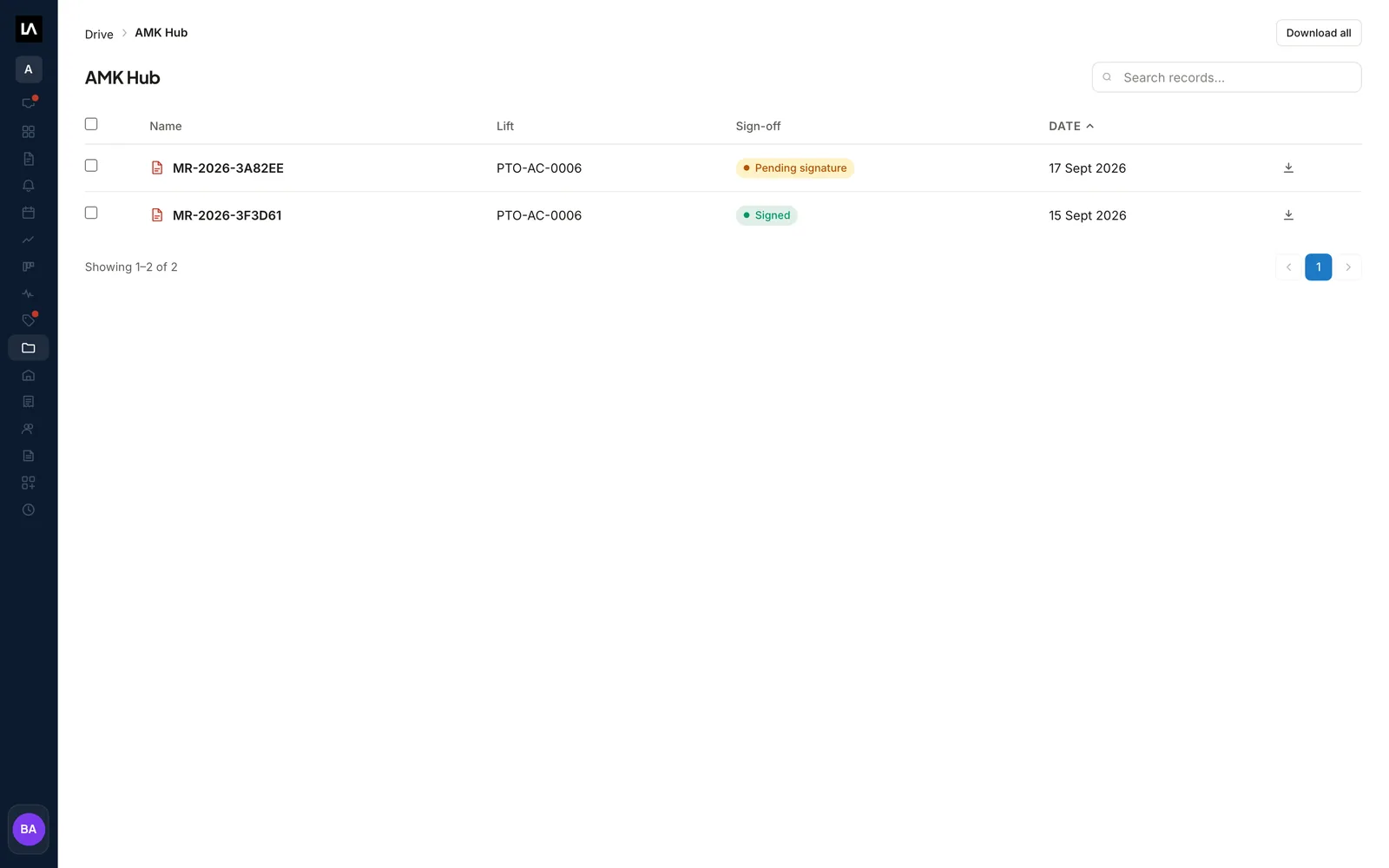 A building folder in Drive listing two Records with their elevator, sign-off status and visit date.