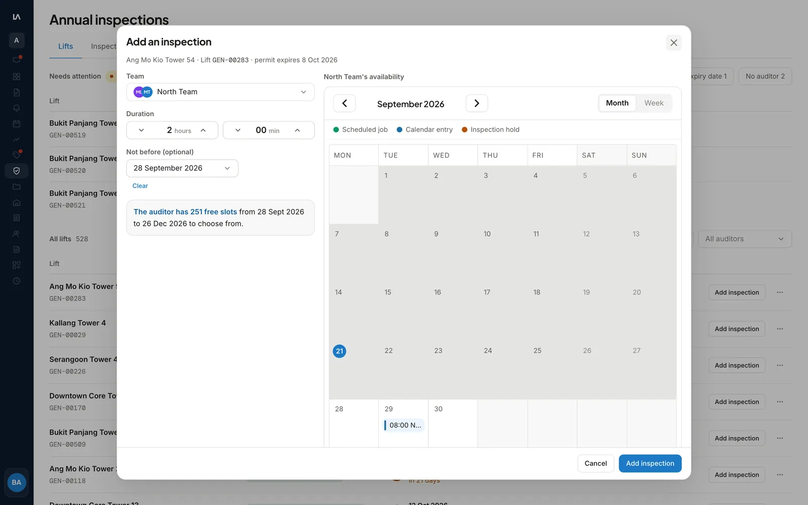 The Add an inspection dialog with the Team, duration and Not before date, beside the Team's month calendar and its count of free slots.