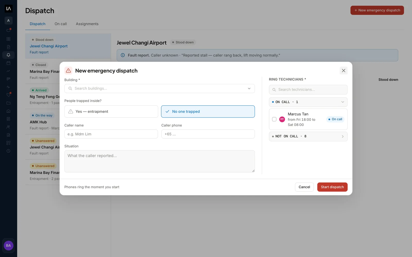 The New emergency dispatch form in LiftAuth, with the building, the entrapment question, the caller's details and the on-call Technicians to ring.