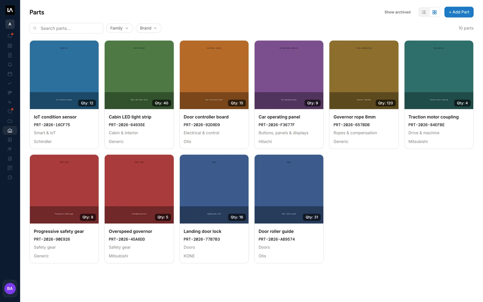 The LiftAuth parts catalog in grid view, with each elevator part's quantity on hand, Part No., family and brand.