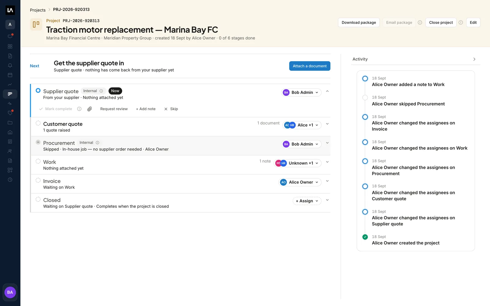 A project in LiftAuth for a traction motor replacement, with its six stages, the people assigned to each, and the activity log.