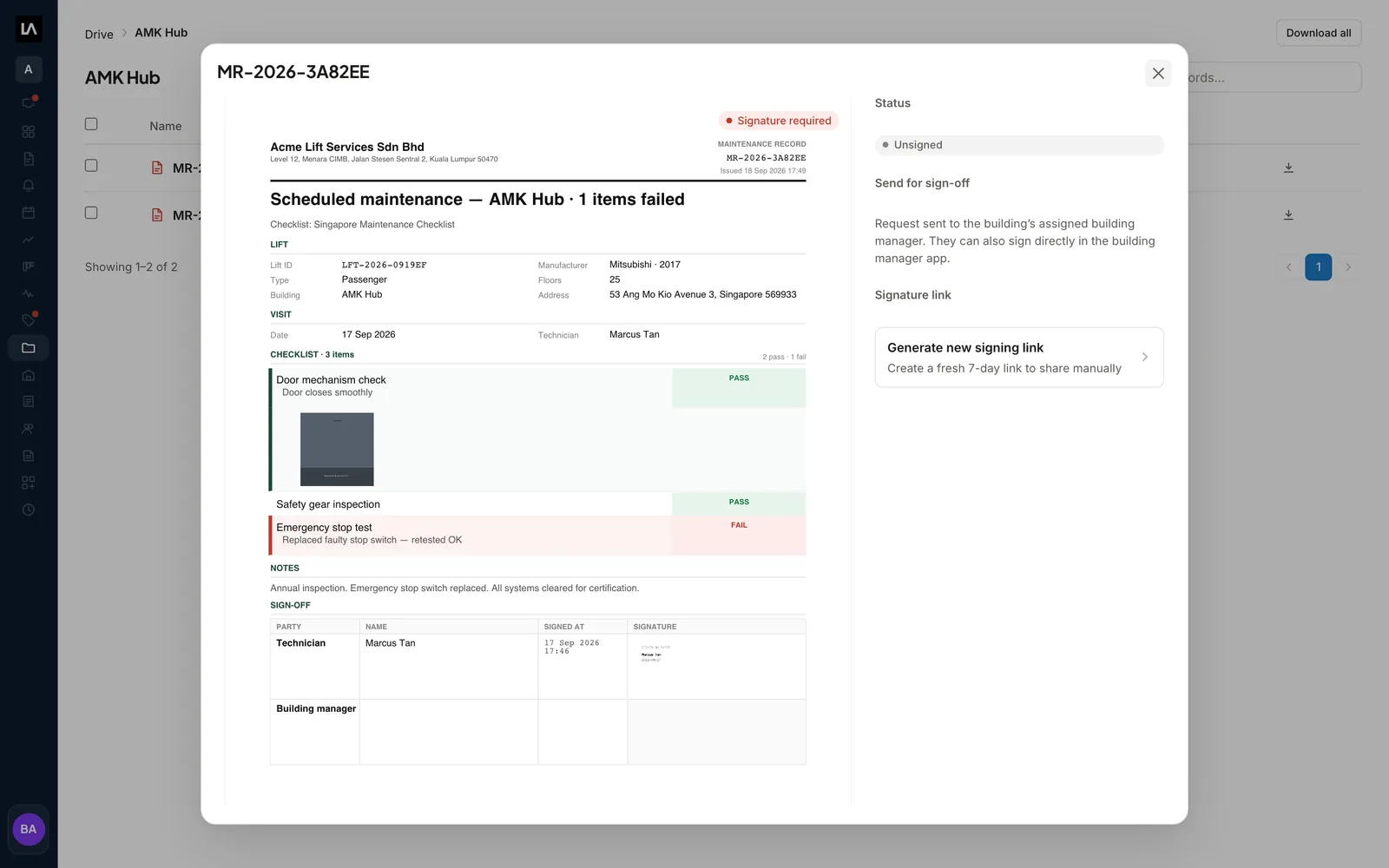 A maintenance Record open in Drive: the filled-in form with pass and fail results and a photo, beside the sign-off panel showing the request sent to the Building Manager and Generate new signing link.