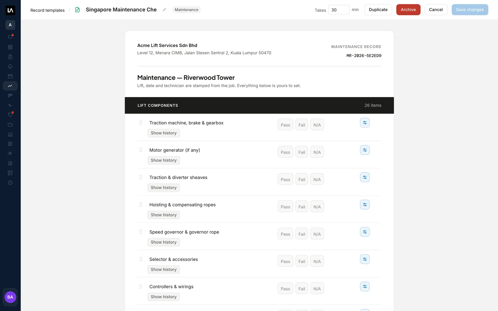 A maintenance record template in the editor, with elevator component items each answered Pass, Fail or N/A.