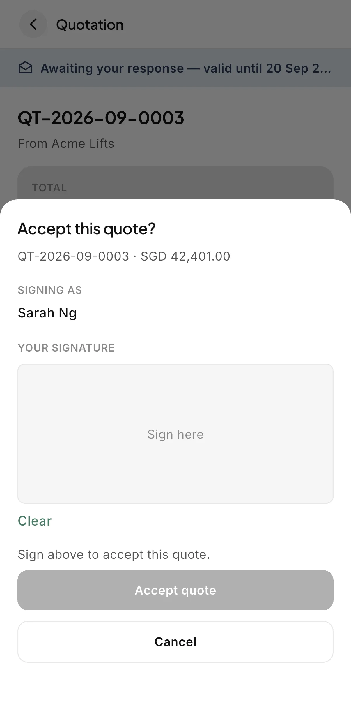 The Accept this quote sheet in the LiftAuth building manager app, with the signer's name and a signature pad.
