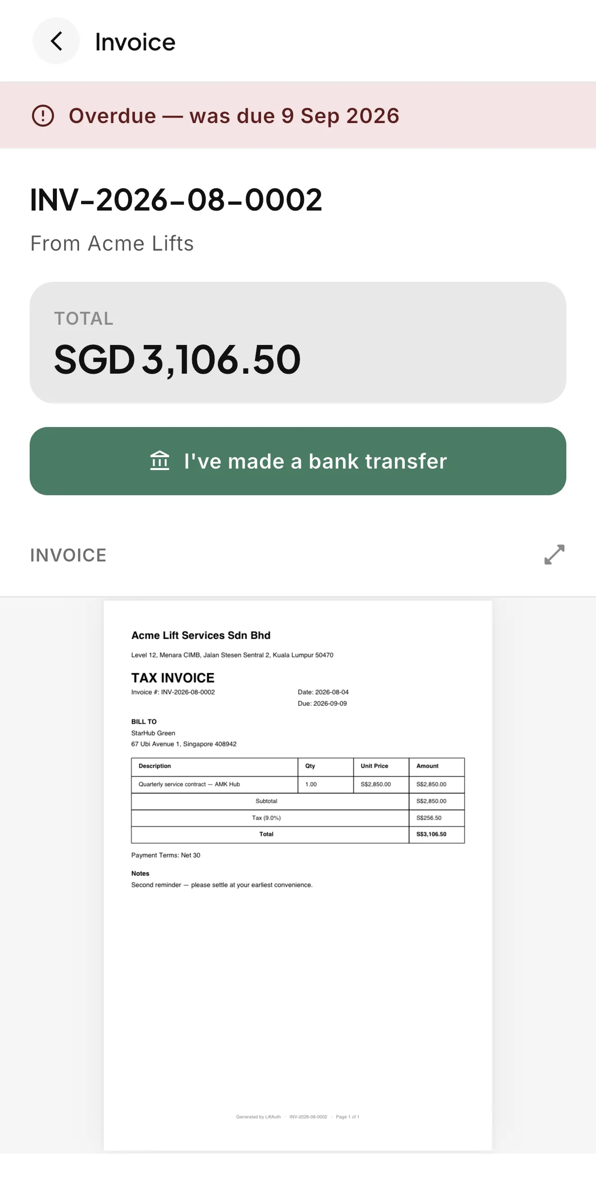 An overdue Invoice in the LiftAuth Building Manager app, with the total, the I've made a bank transfer button and the Invoice PDF.