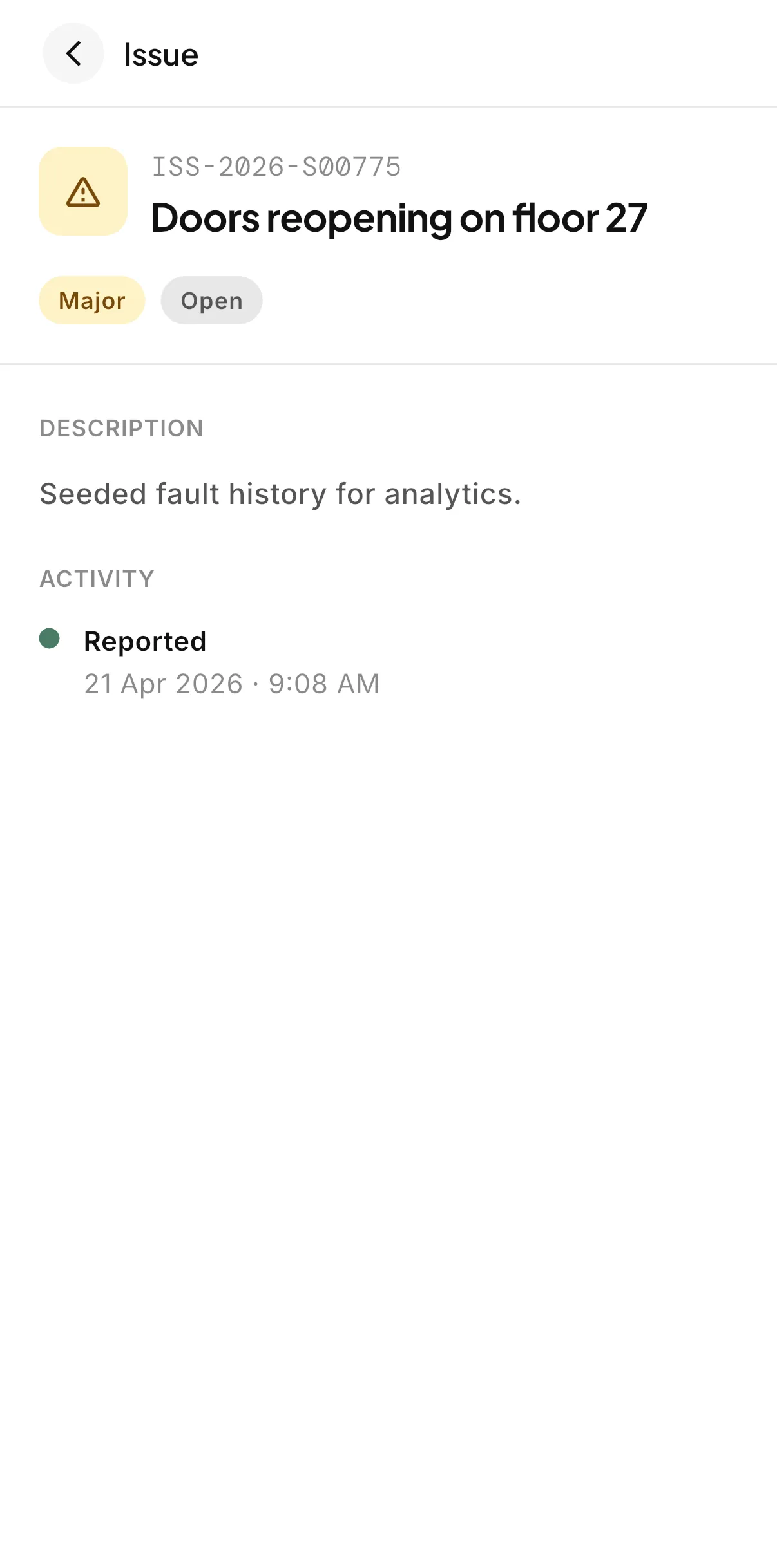 An open Major Issue in the LiftAuth building manager app, with its reference, description and activity.