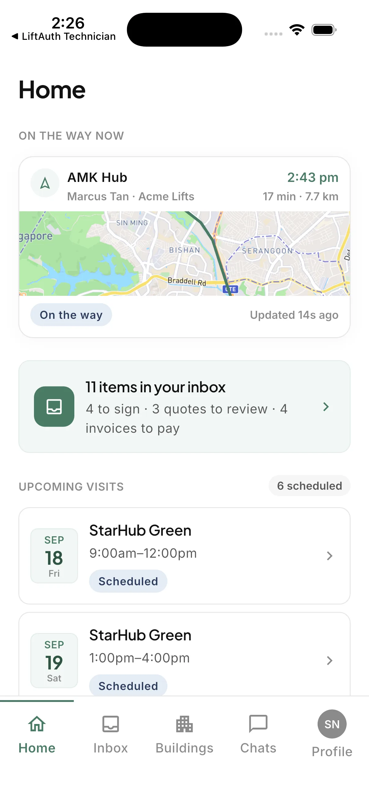 The LiftAuth Building Manager phone app showing a Technician on the way to the building.