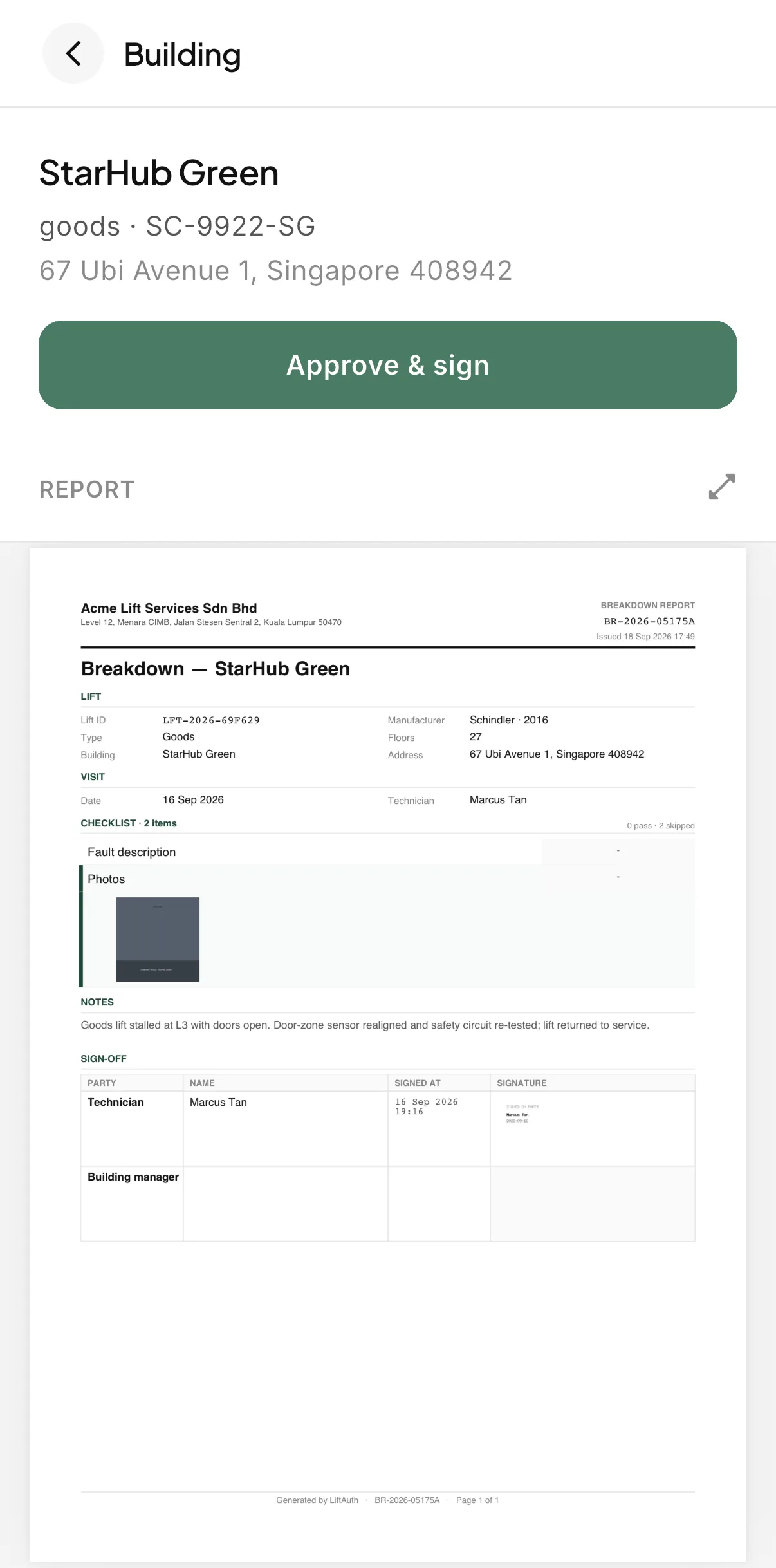 The sign-off screen in the LiftAuth Building Manager app, showing the elevator's report and the Approve and sign button.