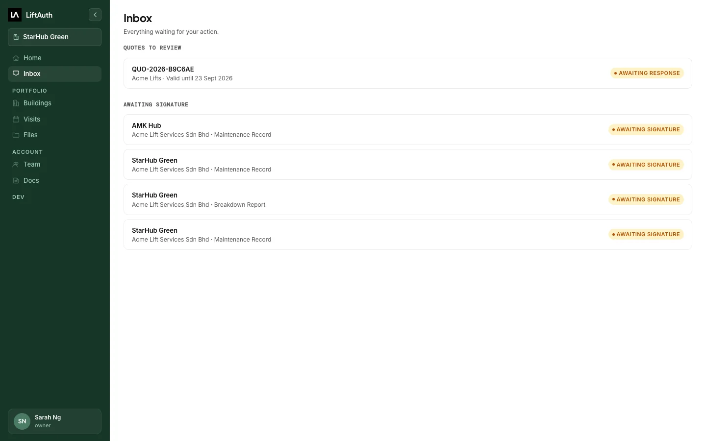 The Inbox in the building manager web app: a Quote to review and four Records awaiting signature.