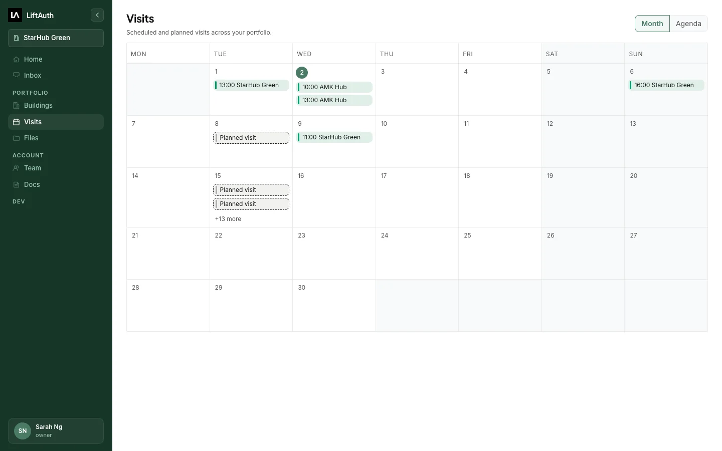 The Visits calendar in the building manager web app, with booked visits and planned visits across a month.