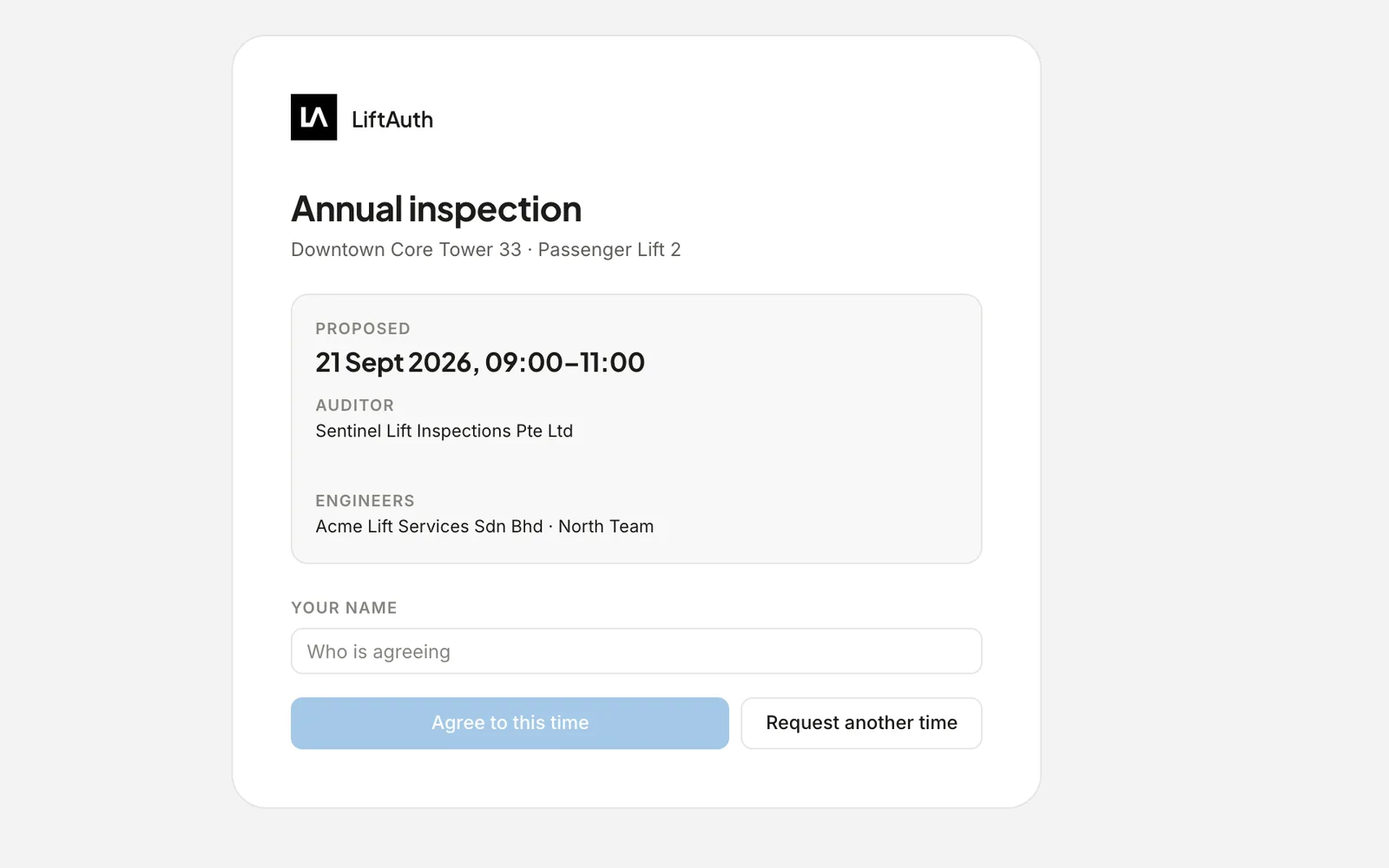 The agreement page a Building Manager opens from the email: the proposed time, the Auditor and the attending Team, with Agree to this time and Request another time.