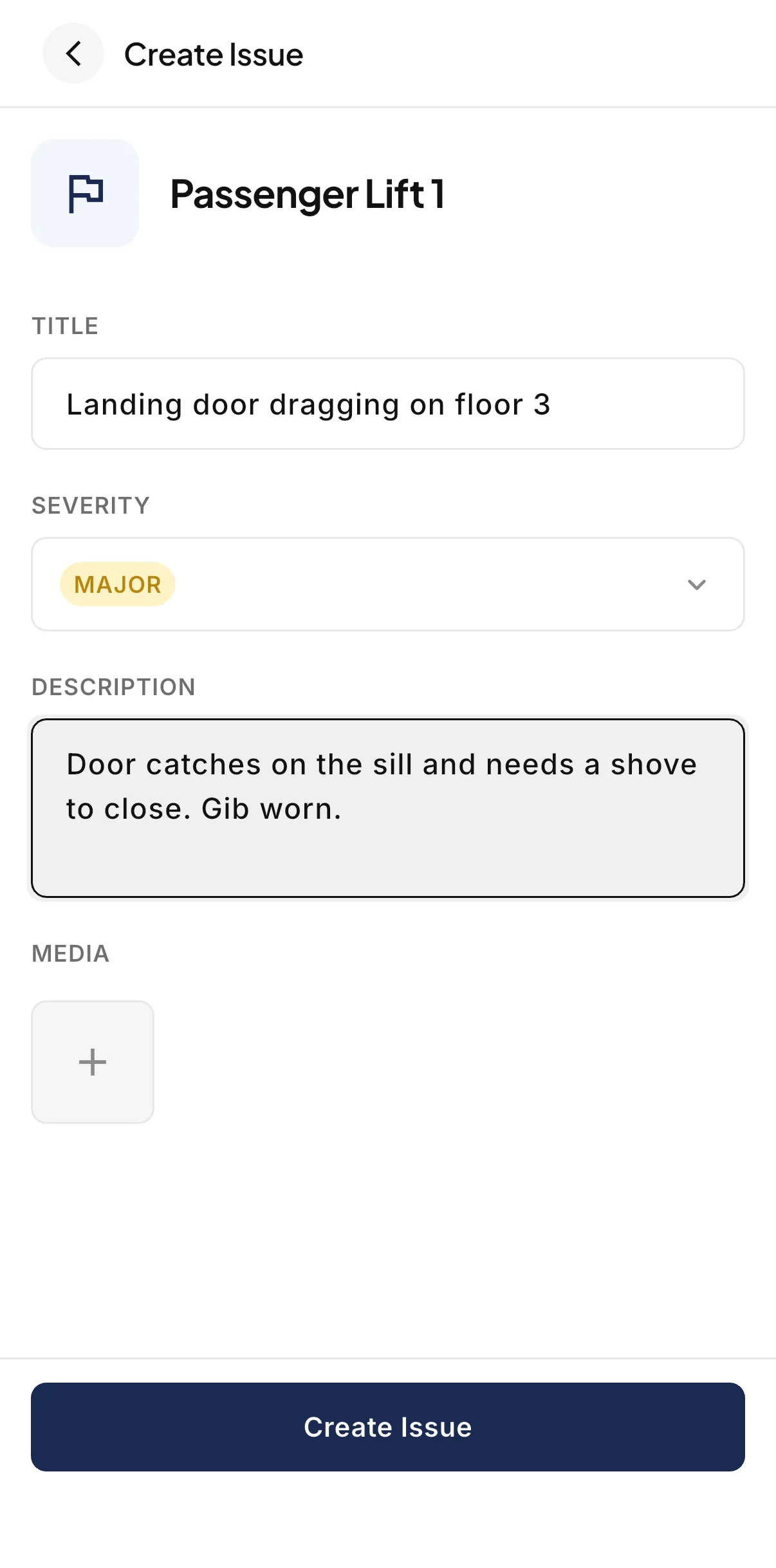The Create Issue form in the LiftAuth Ops technician app, with a title, Major severity, a description and the media section.