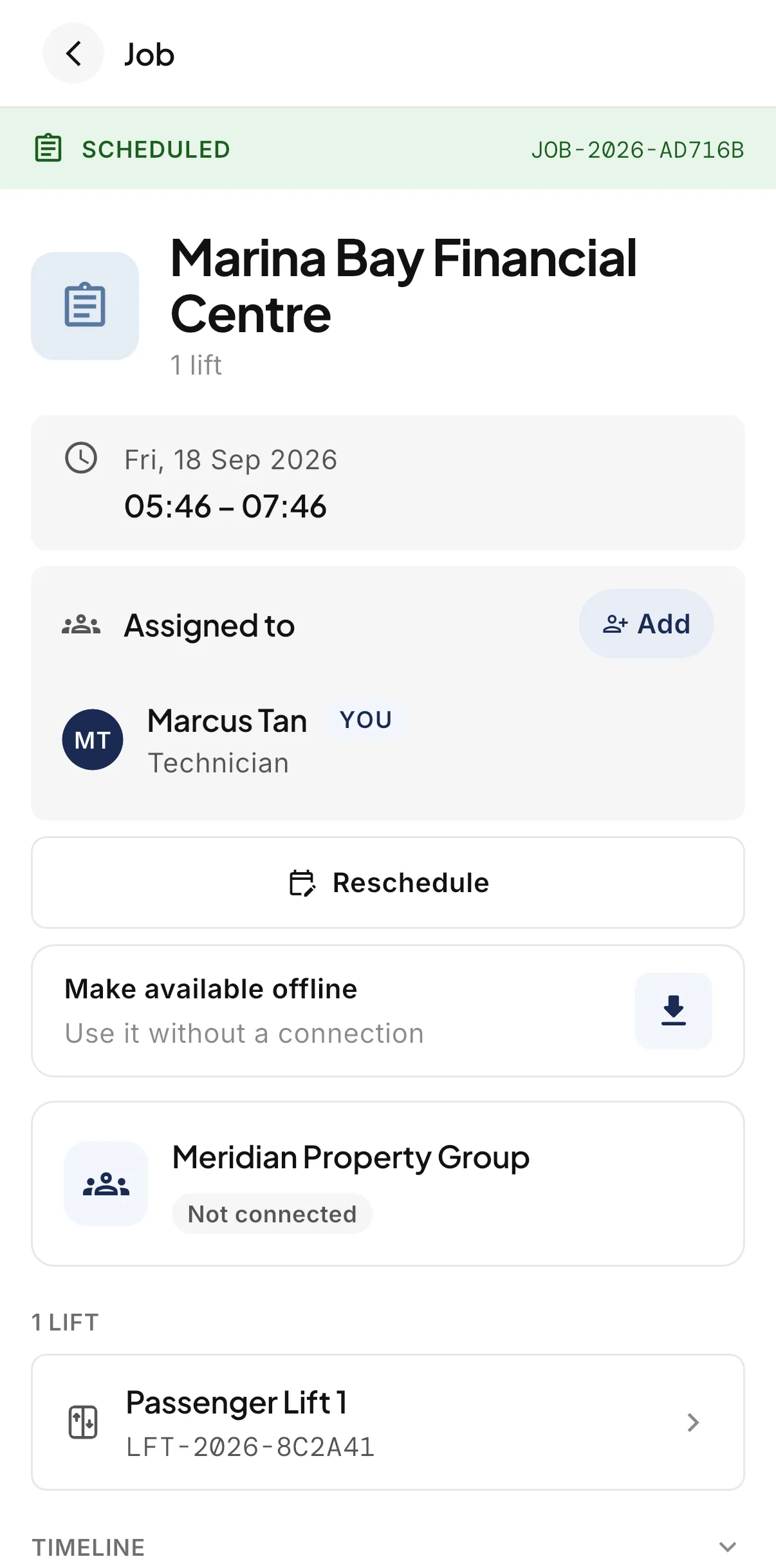 A scheduled Job in the LiftAuth Ops technician app, with the time, the assigned Technician, the option to make it available offline and the elevator on the visit.