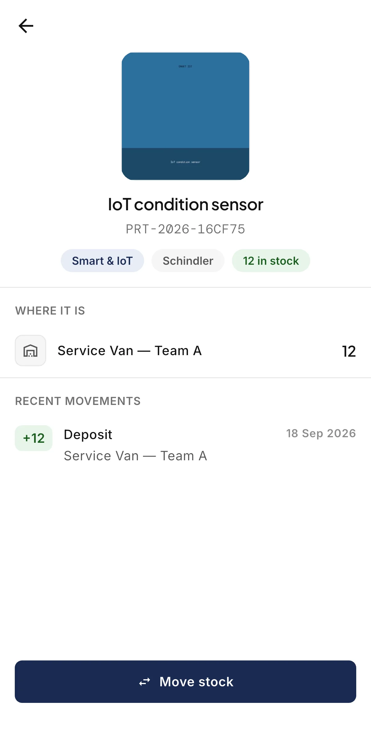 A part in the LiftAuth Ops technician app, showing the stock in a service van, its recent movements and the Move stock button.