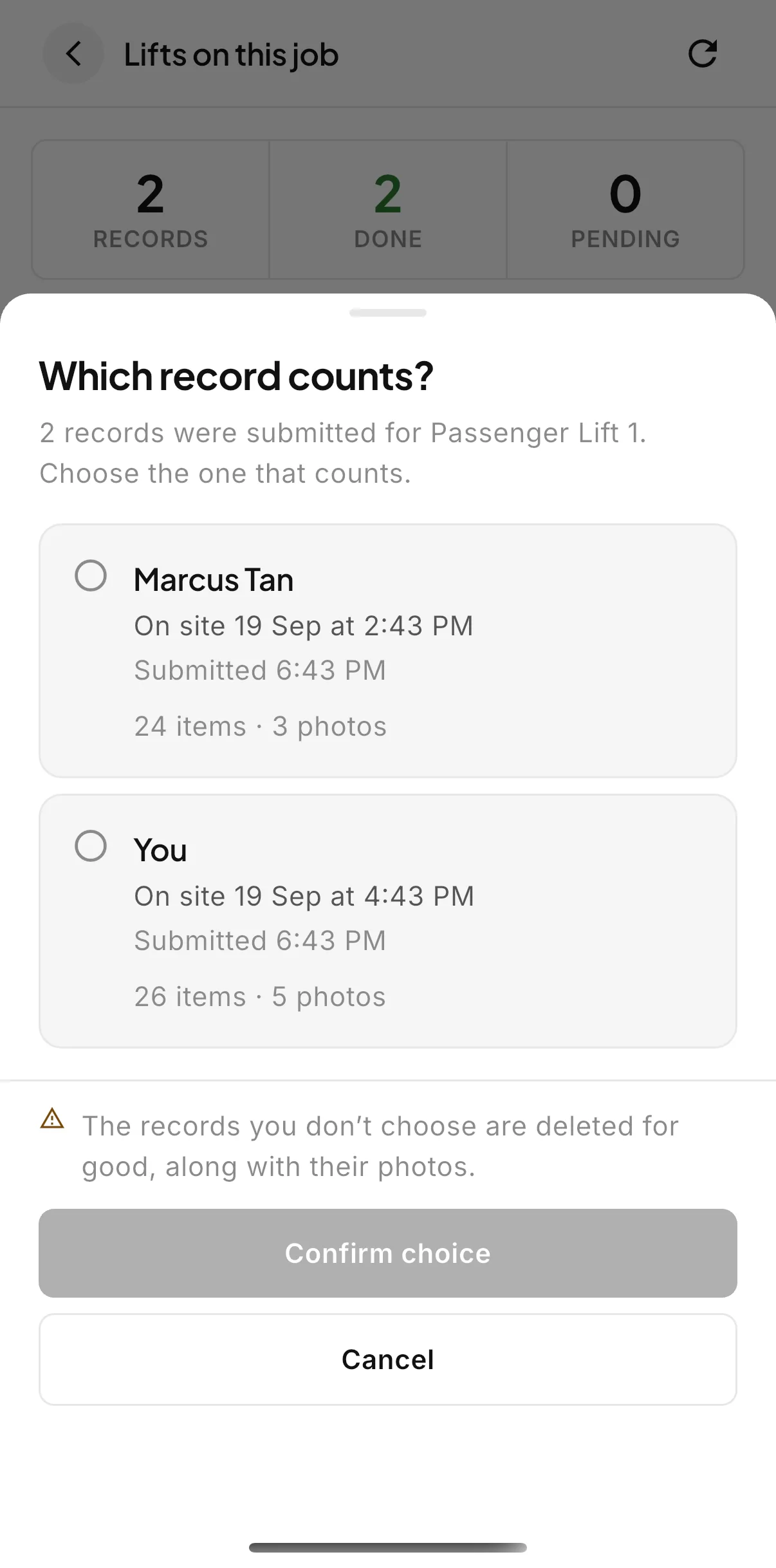 The Which record counts? sheet in the technician app, listing two Records submitted for the same elevator by two Technicians.