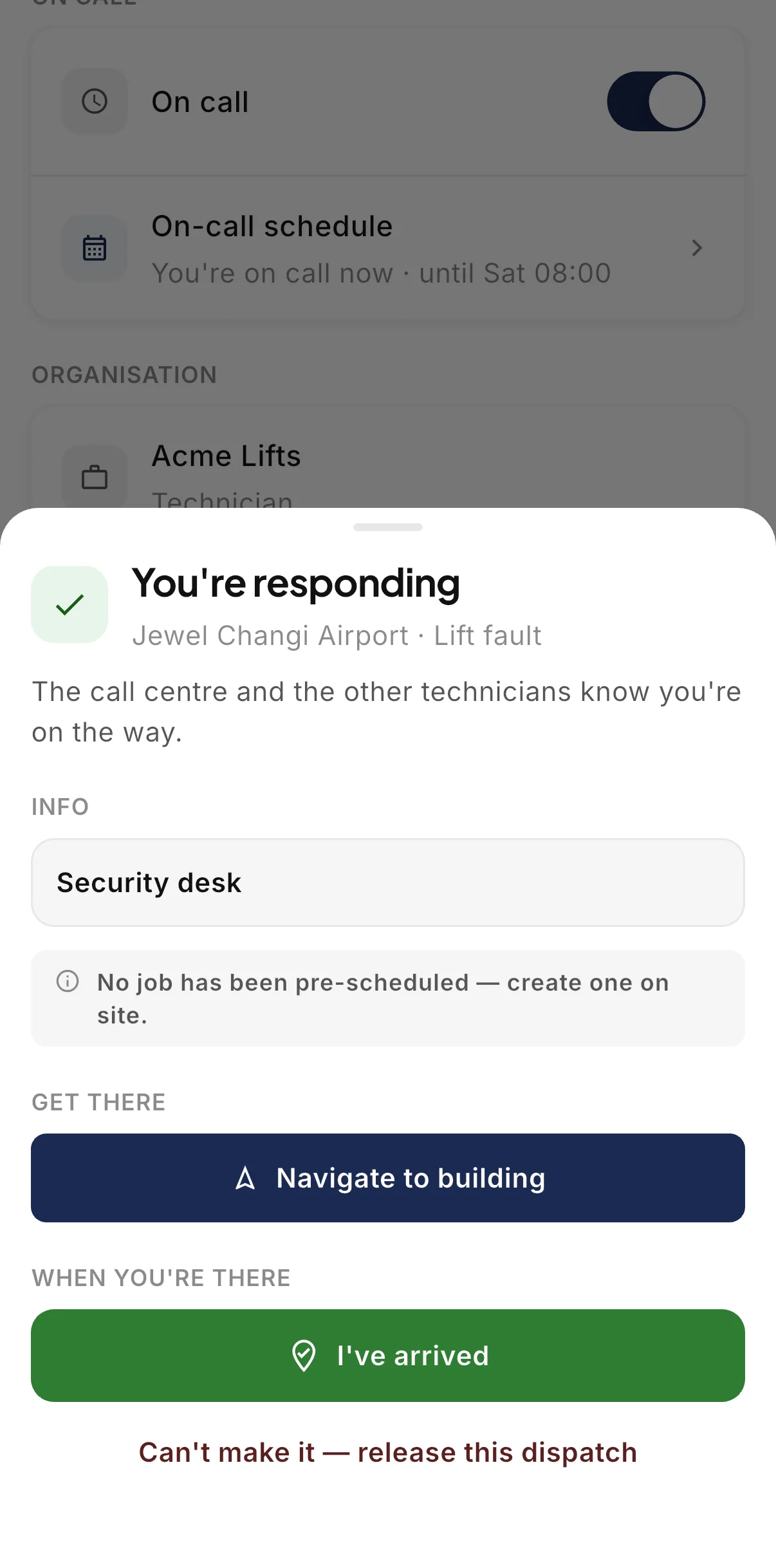 The You're responding screen in the LiftAuth Ops technician app, with the Navigate to building and I've arrived buttons.