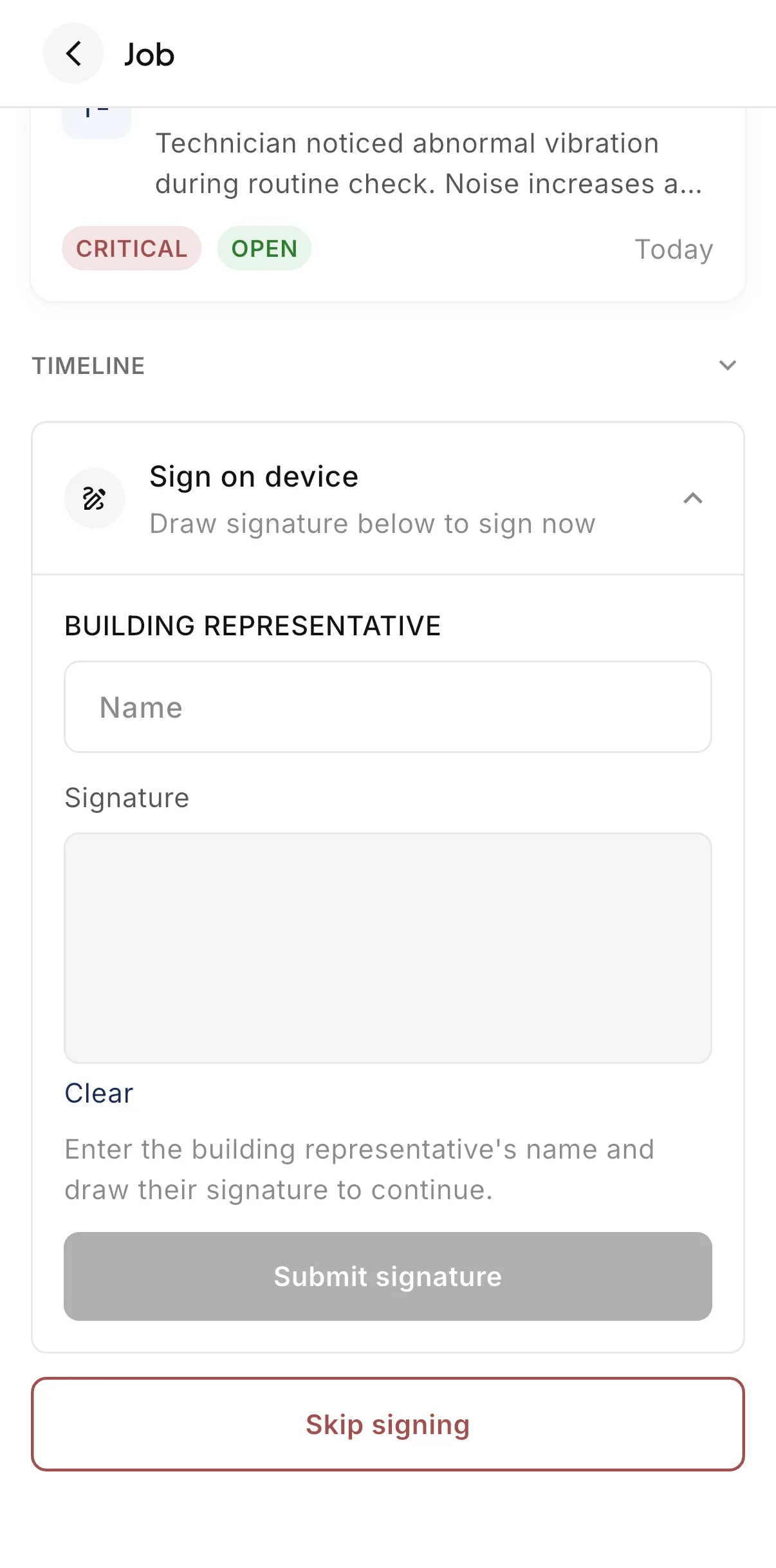 The sign-off screen in the LiftAuth Ops technician app, with a name field and signature pad for the building representative.