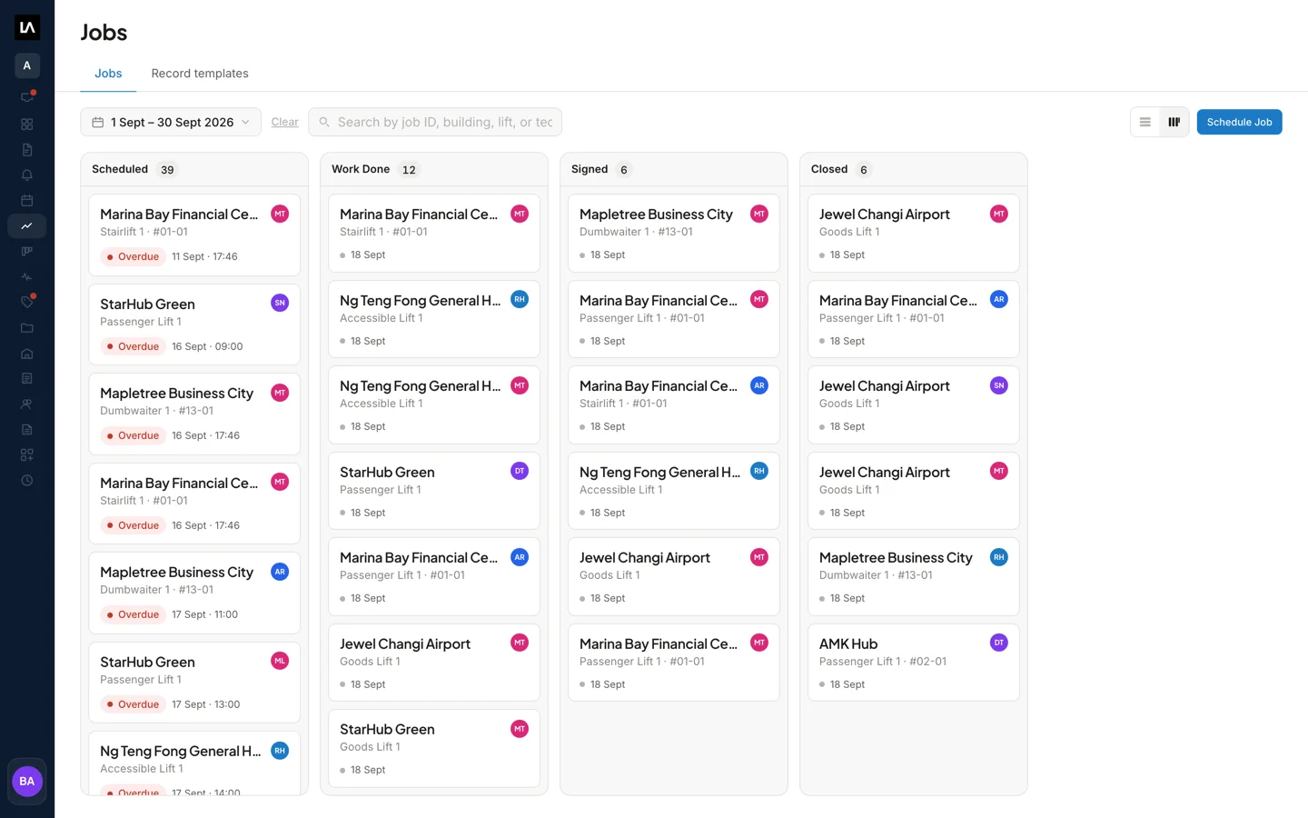 The LiftAuth jobs board: a month of work in columns for scheduled, work done, signed and closed.