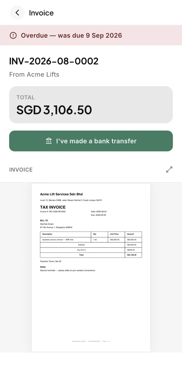 An invoice in the building manager app, showing the tax invoice itself and a button to confirm a bank transfer.