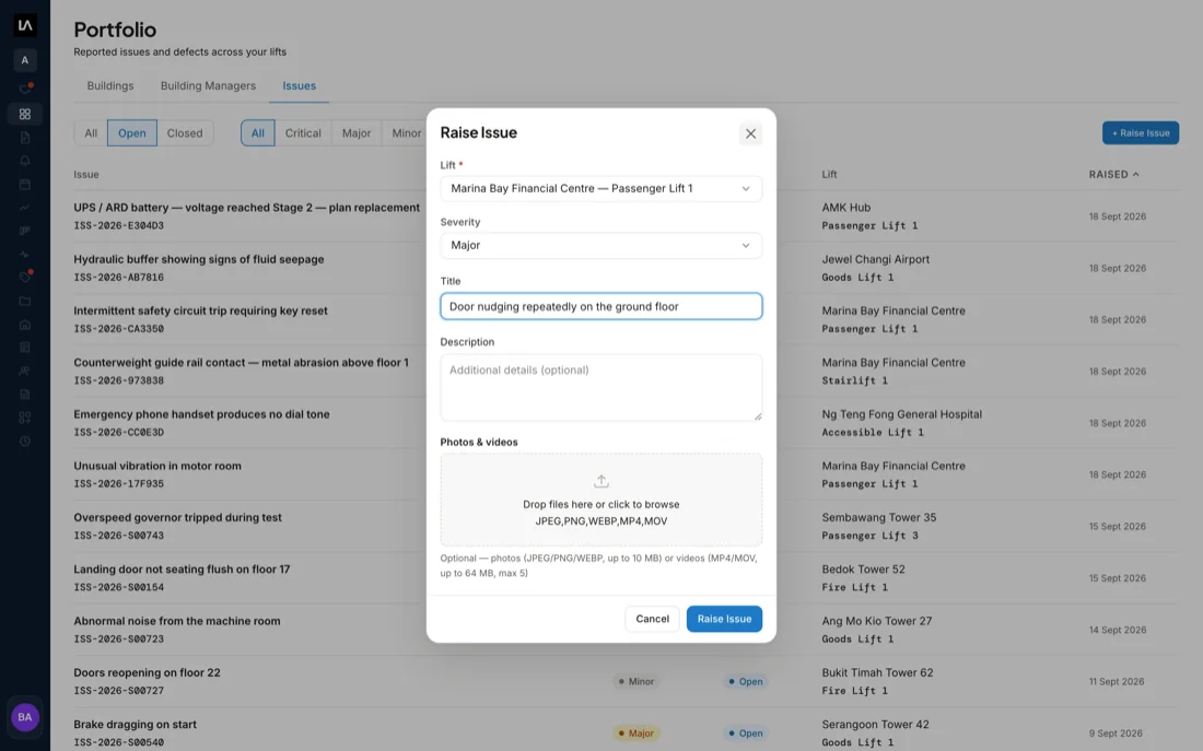 Raising an issue in LiftAuth: lift, severity, title and a drop area for photos and videos, over a list of open issues across the fleet.