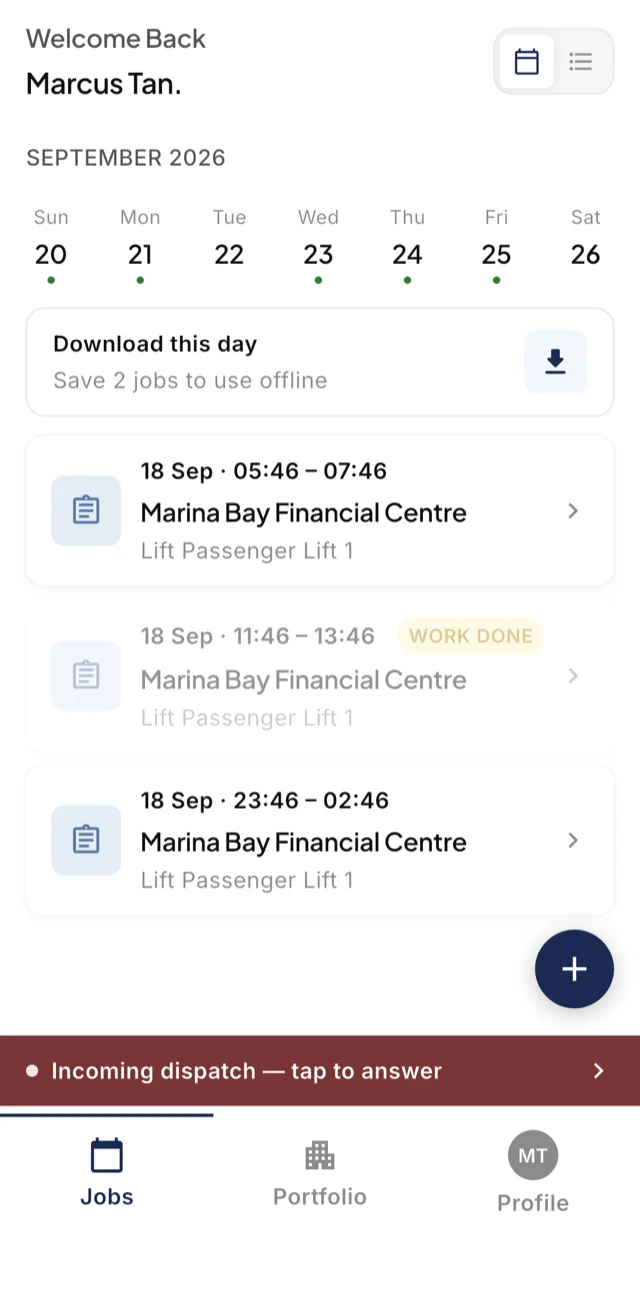 The LiftAuth technician app showing a week of scheduled jobs, an offline download for the day, and an incoming emergency dispatch.